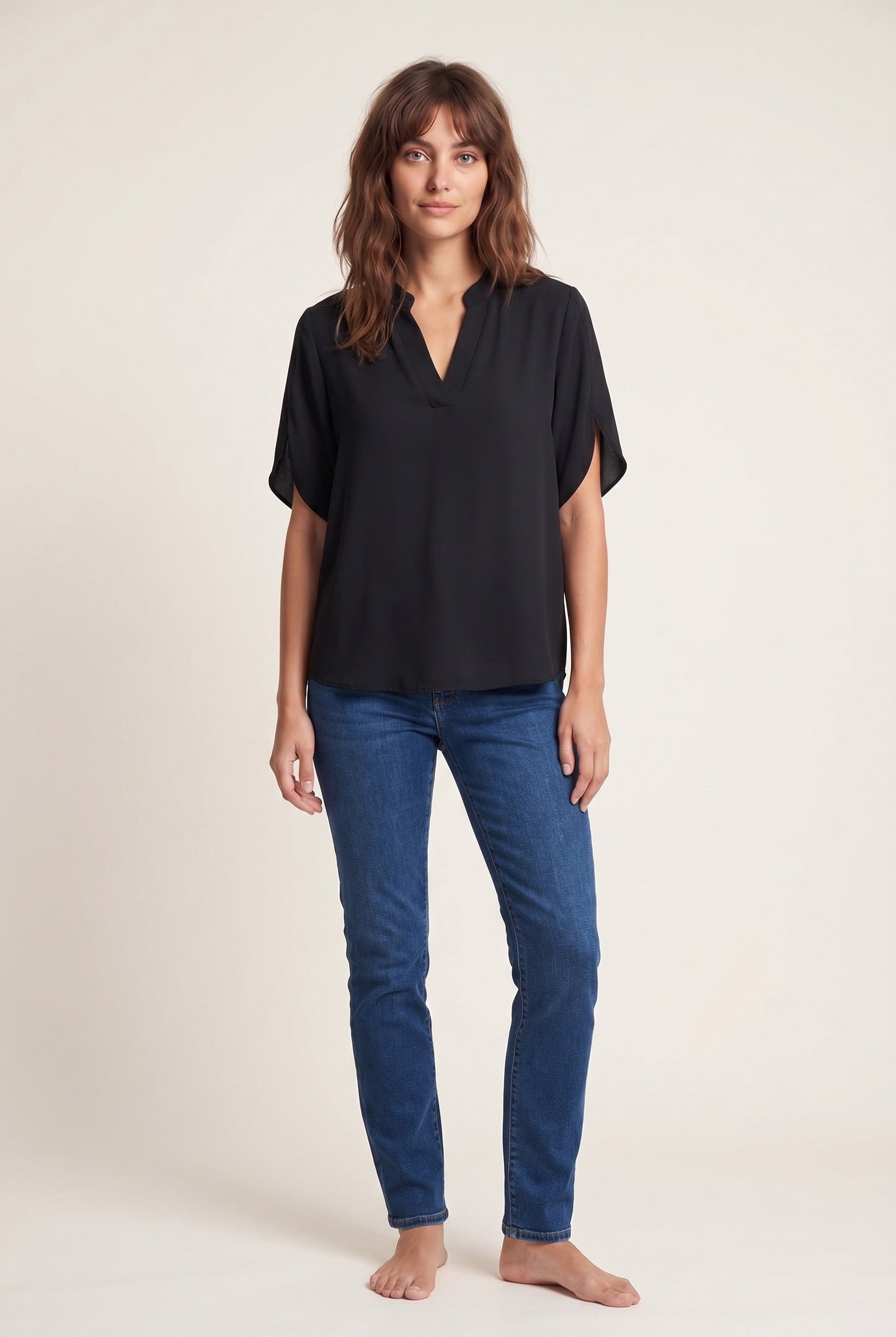 Ginette Dames Blouse | V-Hals | Korte Omgeslagen Mouwen