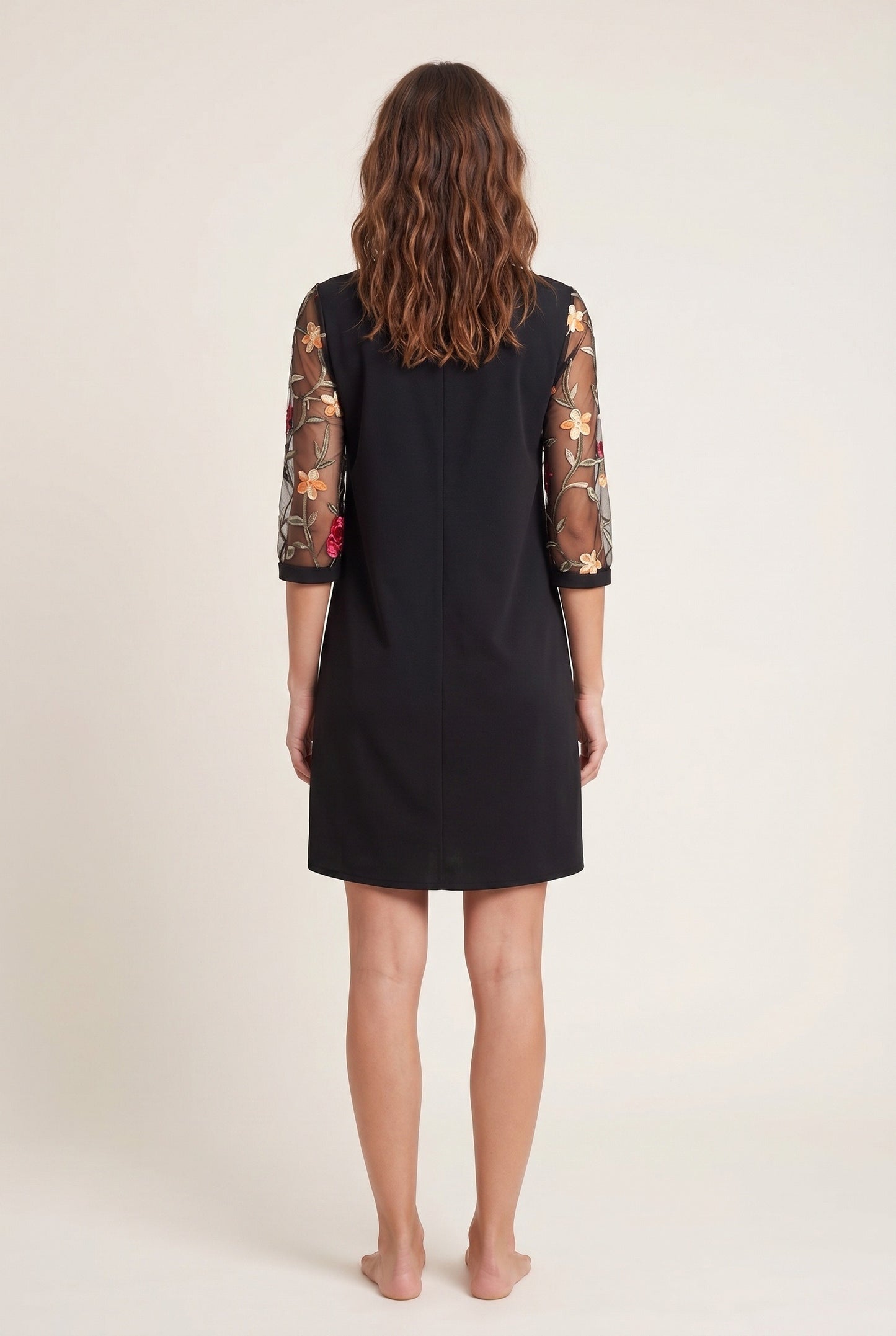 Cerise Women's Mini Dress | Embroidered Transparent Sleeves | V-Neck Cut