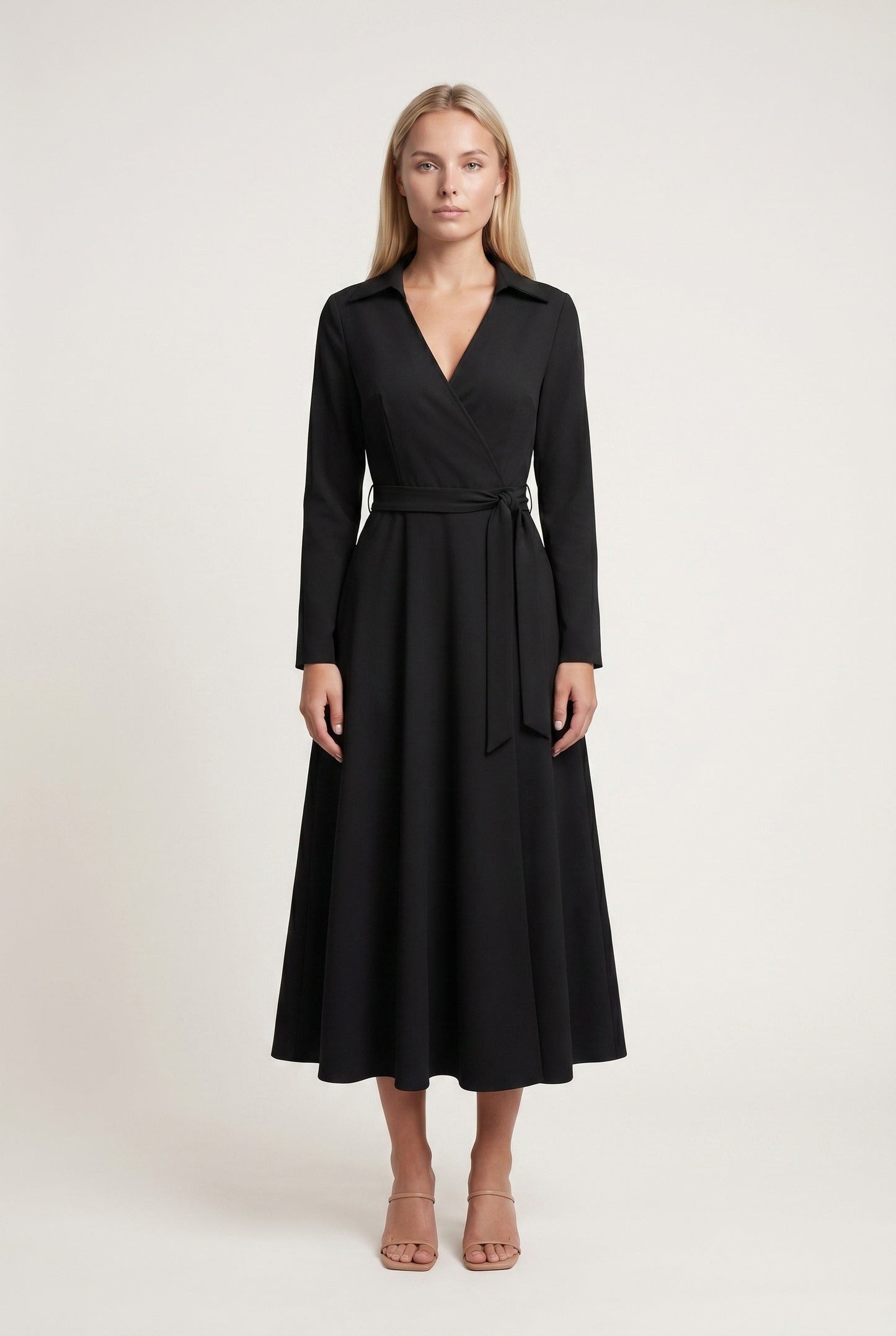 Patricia Dames Midi Jurk | Strikceintuur | Lange Mouwen