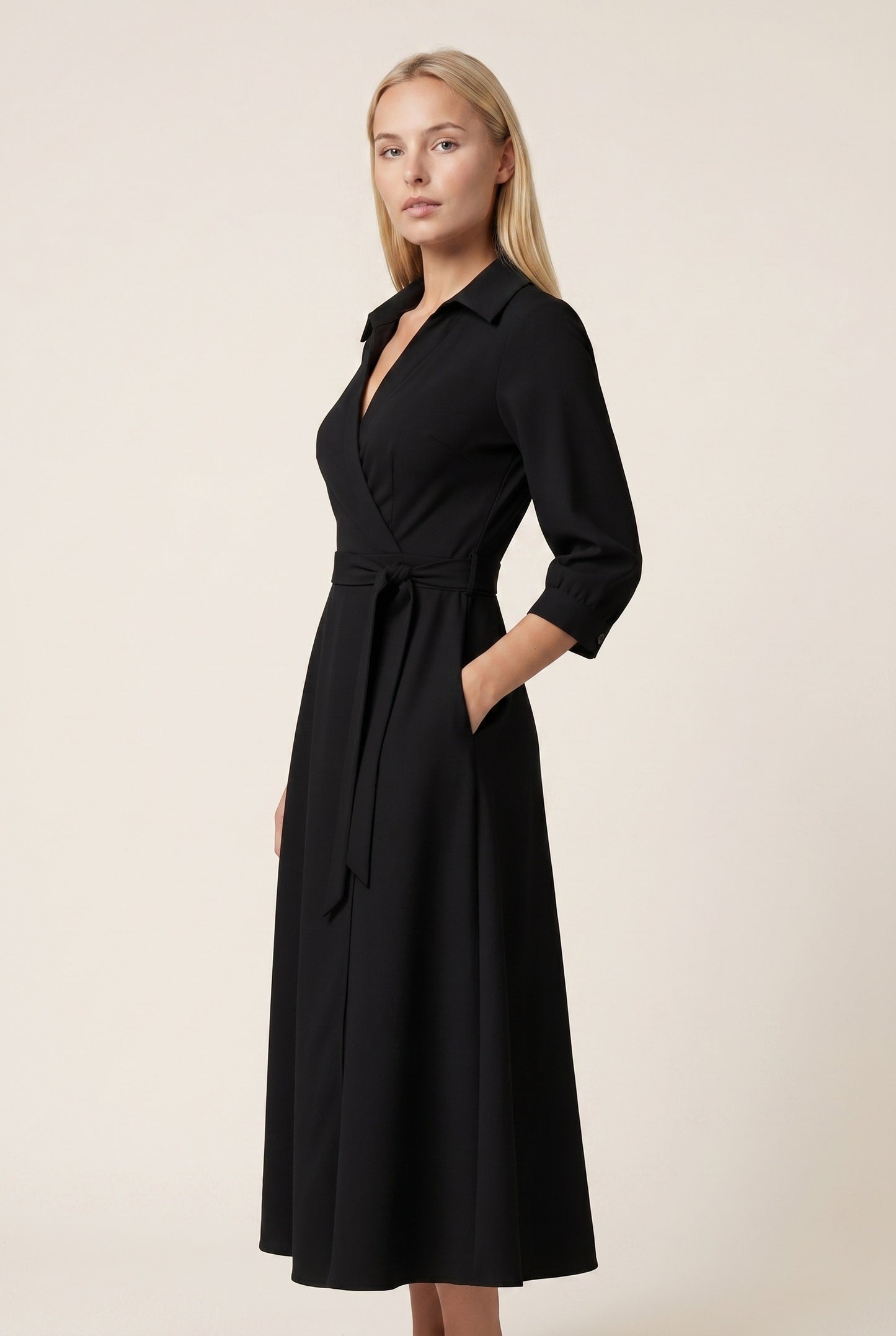 Patricia Dames Midi Jurk | Strikceintuur | Lange Mouwen