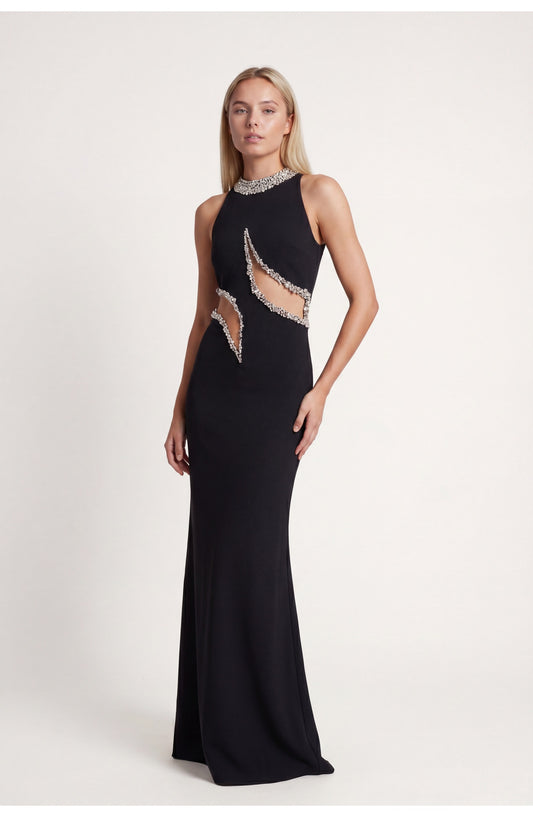 Women's Maxi Dress | Transparent Mesh Insets | Crystal Neckline