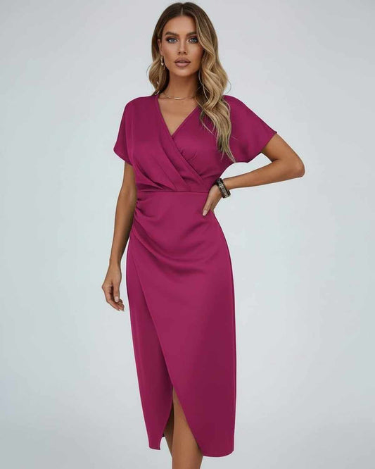 Dames Midi Jurk | Overslag V-Hals | Gedrapeerd Met Split