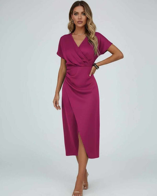 Dames Midi Jurk | Overslag V-Hals | Gedrapeerd Met Split