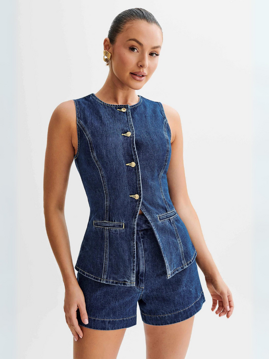 Daria Denim Set Dames | Knoopsluiting en Hoge Taille