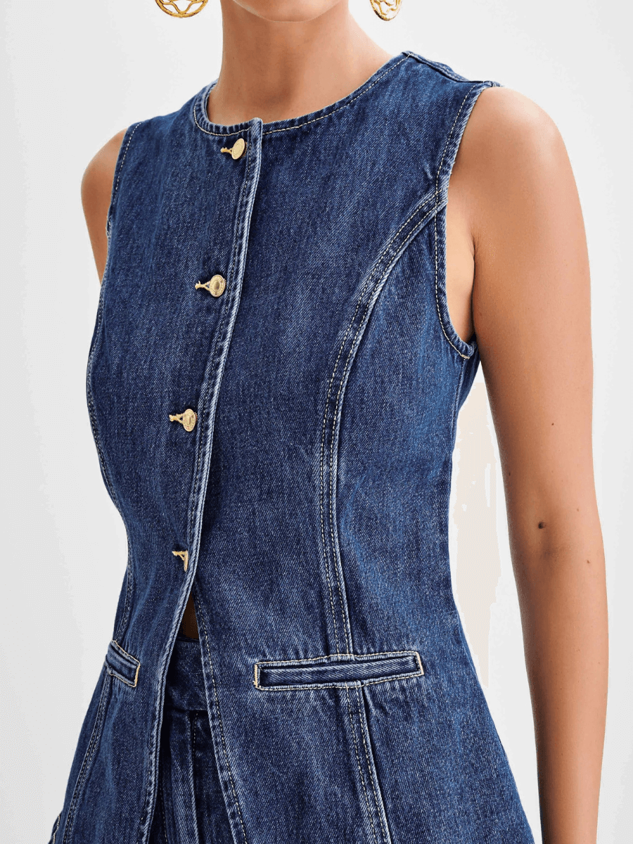 Daria Denim Set Dames | Knoopsluiting en Hoge Taille