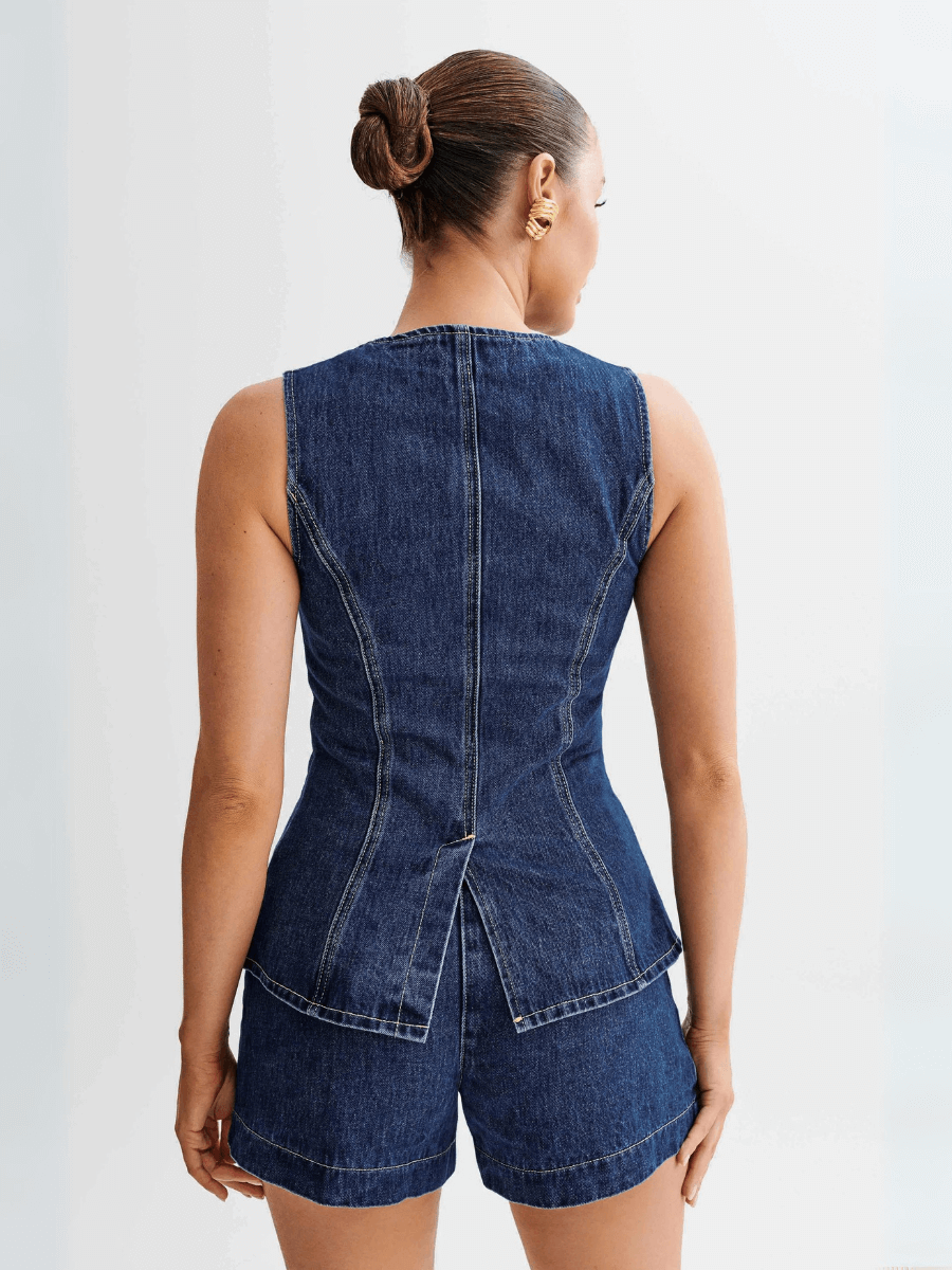 Daria Denim Set Dames | Knoopsluiting en Hoge Taille