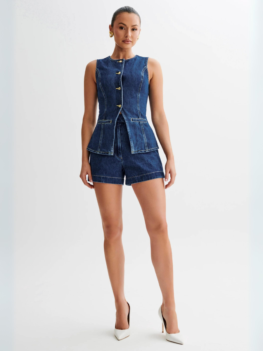 Daria Denim Set Dames | Knoopsluiting en Hoge Taille