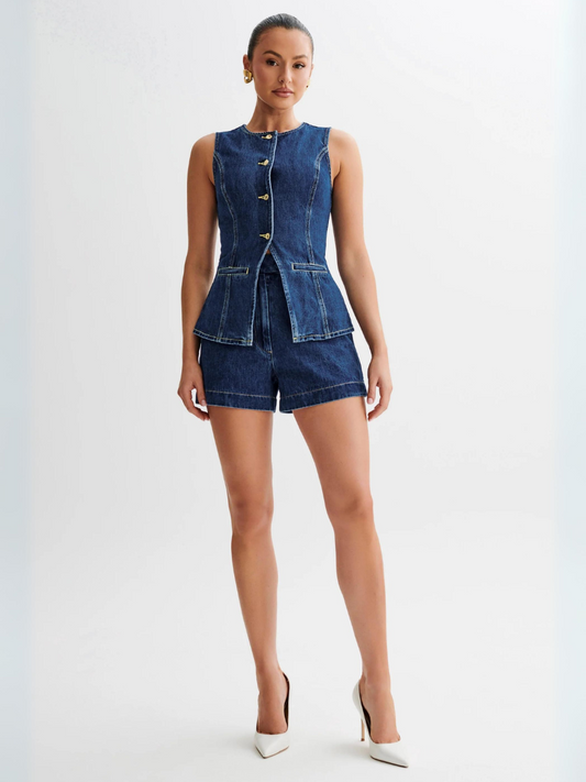 Daria Denim Set Dames | Knoopsluiting en Hoge Taille