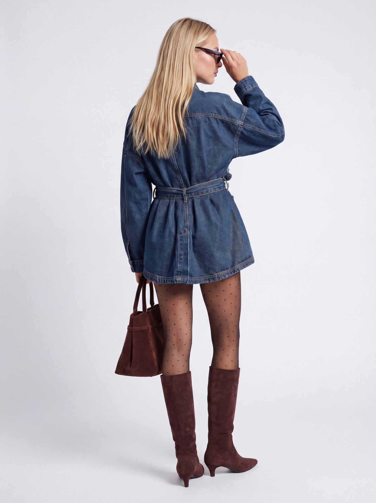Elodie Women's Denim Jacket | Oversized Boyfriend Fit | Tie Belt Detail With Button Closure