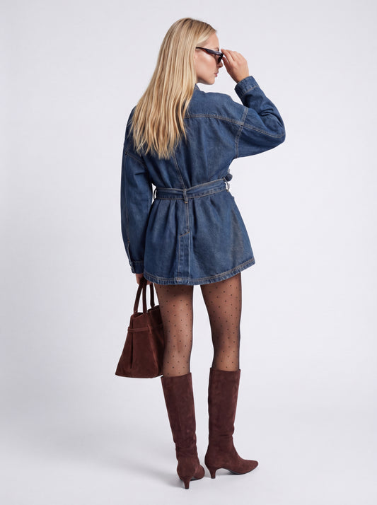 Elodie Women's Denim Jacket | Oversized Boyfriend Fit | Tie Belt Detail With Button Closure