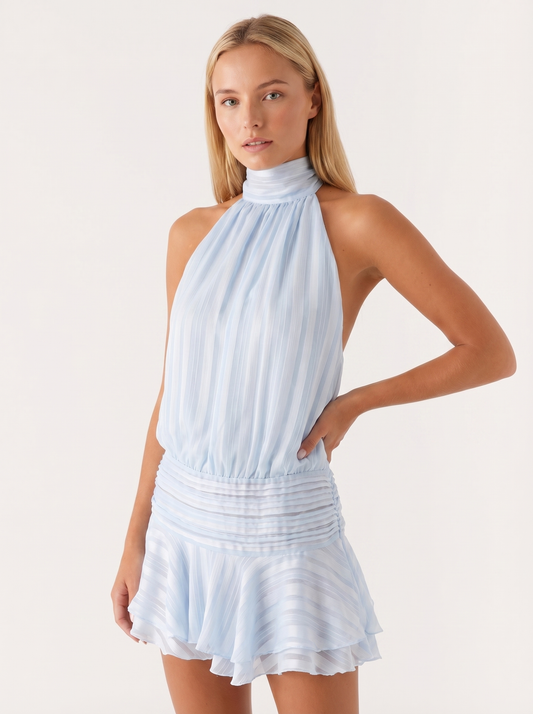 Isadora Dames Halter Mini Jurk | Hoge Hals | Geplisseerde Rok met Ruffle | Open Rug met Strikband