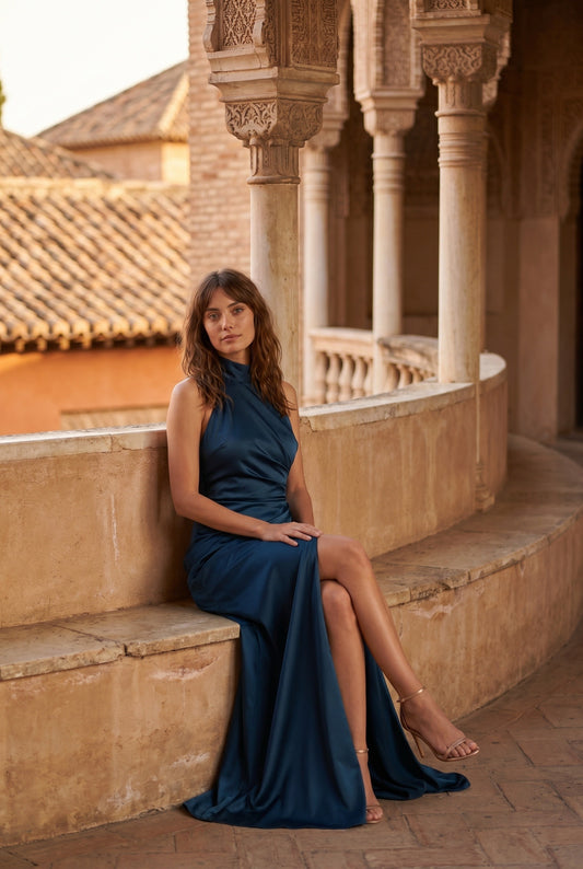 Aurélie Women's Maxi Dress | Halter Neck with High Slit | Satin Look