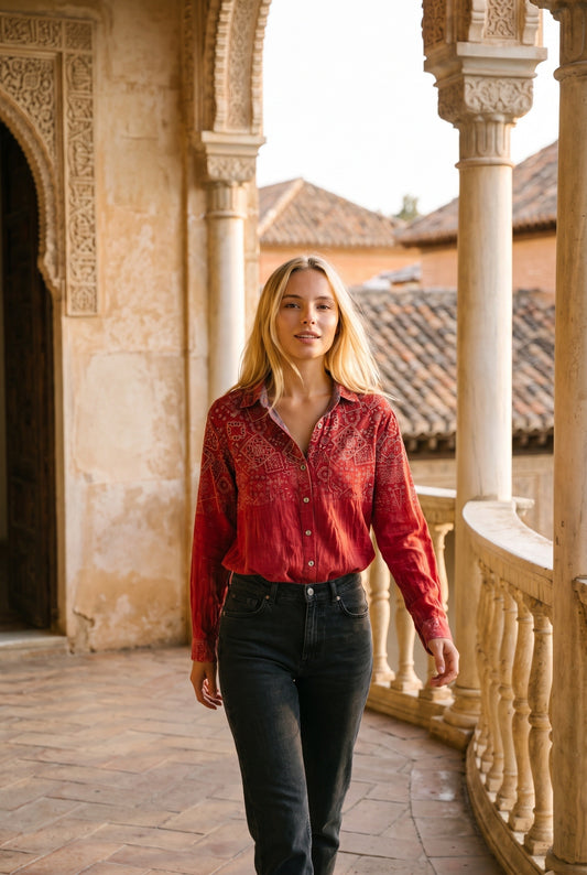 Cléotilde damesbluse | Bandana-print | Brystlommer
