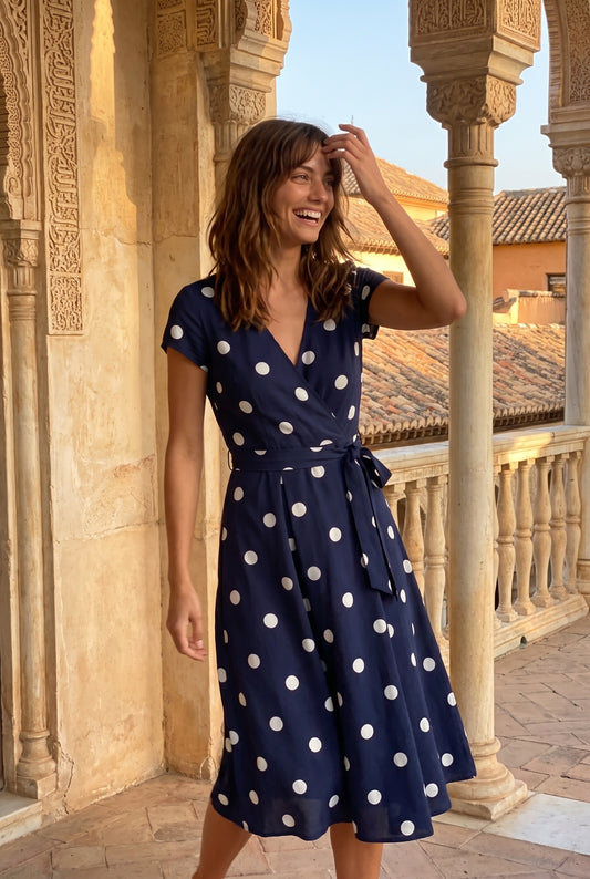 Fantine Dames Midi Jurk, Polkadot, V-Hals Wikkeldesign – sfeerfoto