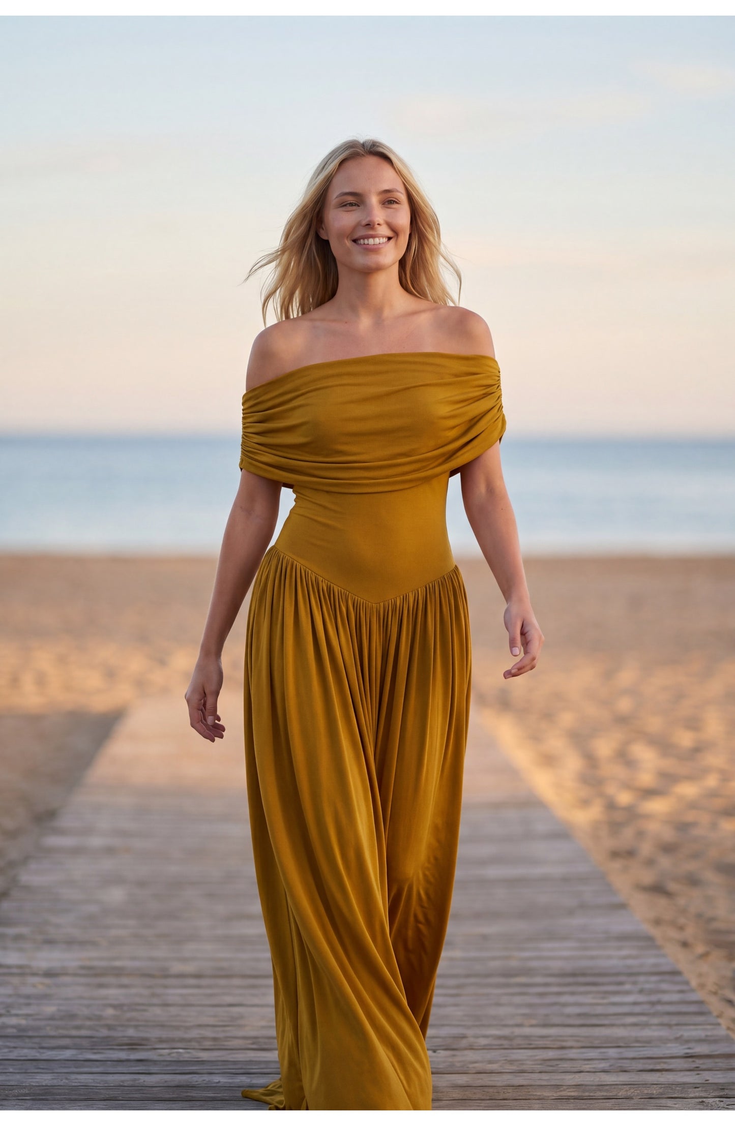 Dames Maxi Jurk | Off-Shoulder Drapering | Geplooide Rok