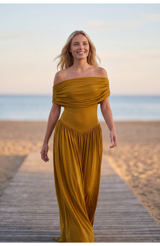 Women's Maxi Dress | Off-Shoulder Draping | Pleated Skirt