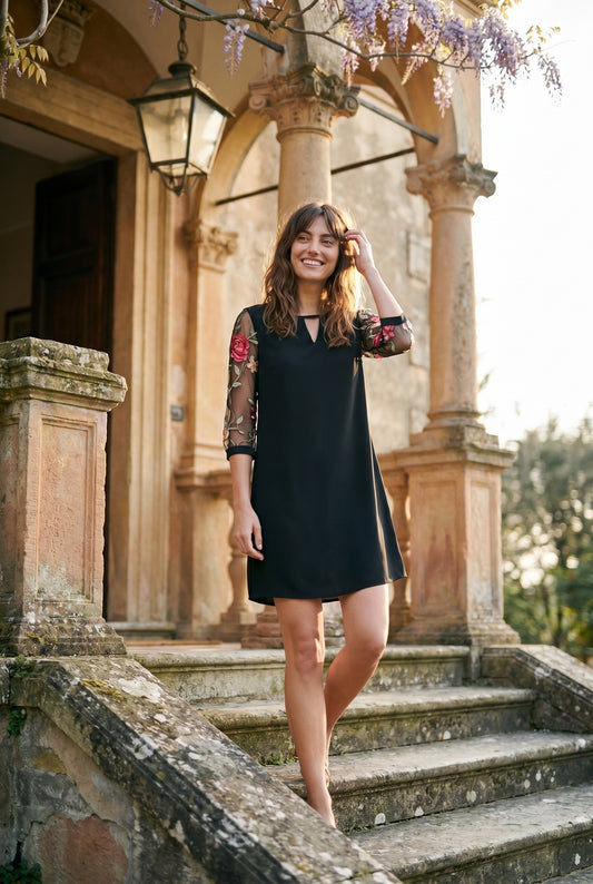 Cerise Women's Mini Dress | Embroidered Transparent Sleeves | V-Neck Cut