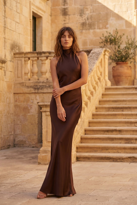 Damska Sukienka Maxi | Detal Halter | Satynowy Materiał