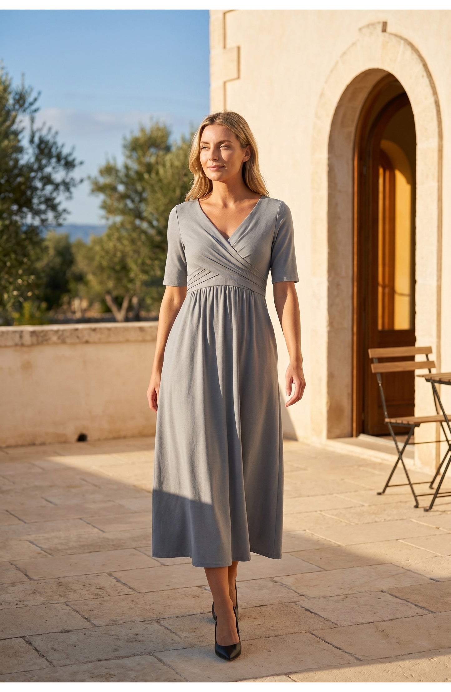 Isaline Women's Midi Dress | V-Neck Wrap Design | Layered Fringe