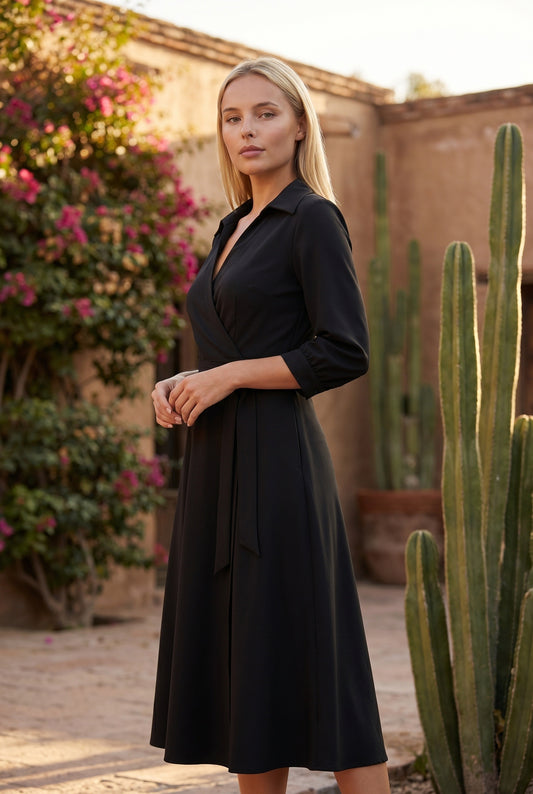 Patricia Dames Midi Jurk | Strikceintuur | Lange Mouwen