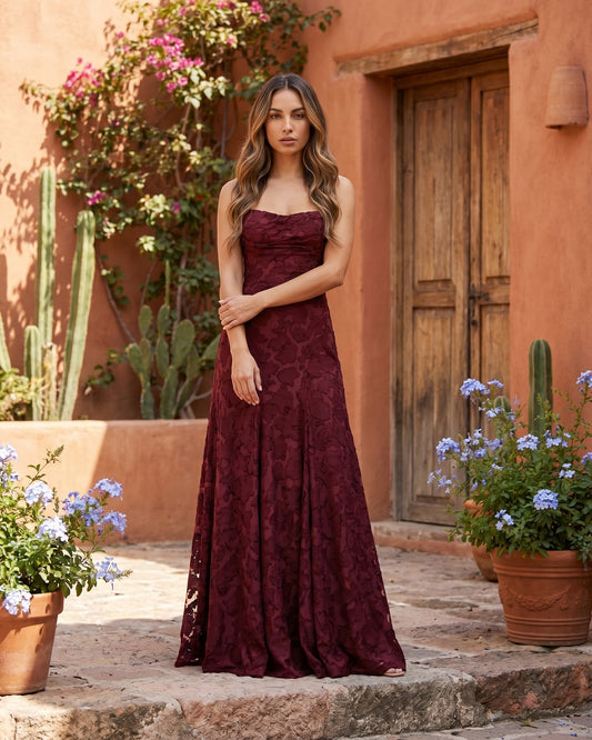 Mégane Women's Maxi Dress | Crossed Back Straps | Lace A-Line