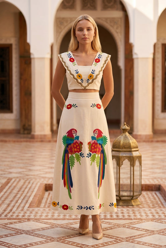 Women's Co-ord Set | Embroidered Parrot Motif | Maxi Skirt