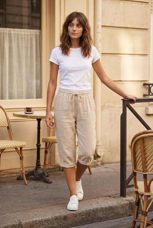 Mylène Dames Korte Broek | Linnen Stof | Omgeslagen Pijpen