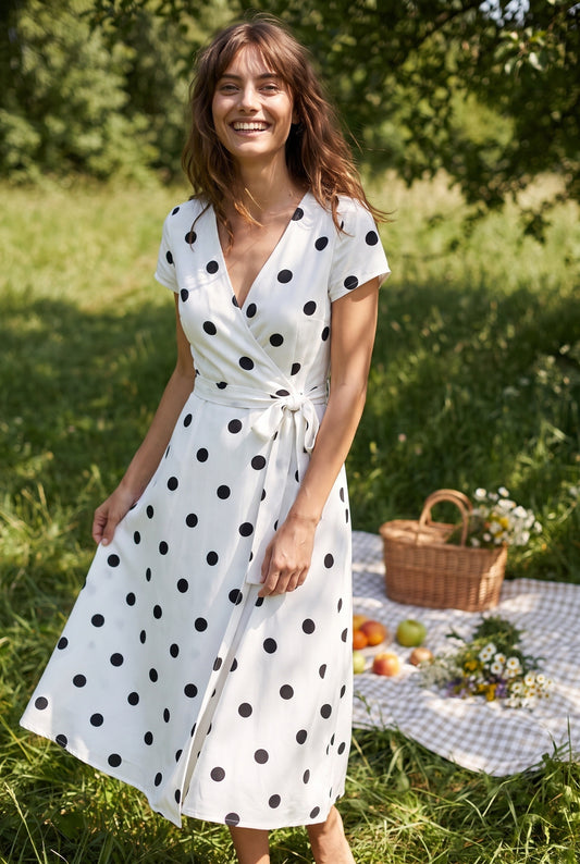 Fernandine Dames Midi Jurk | V-Hals | Polkadot