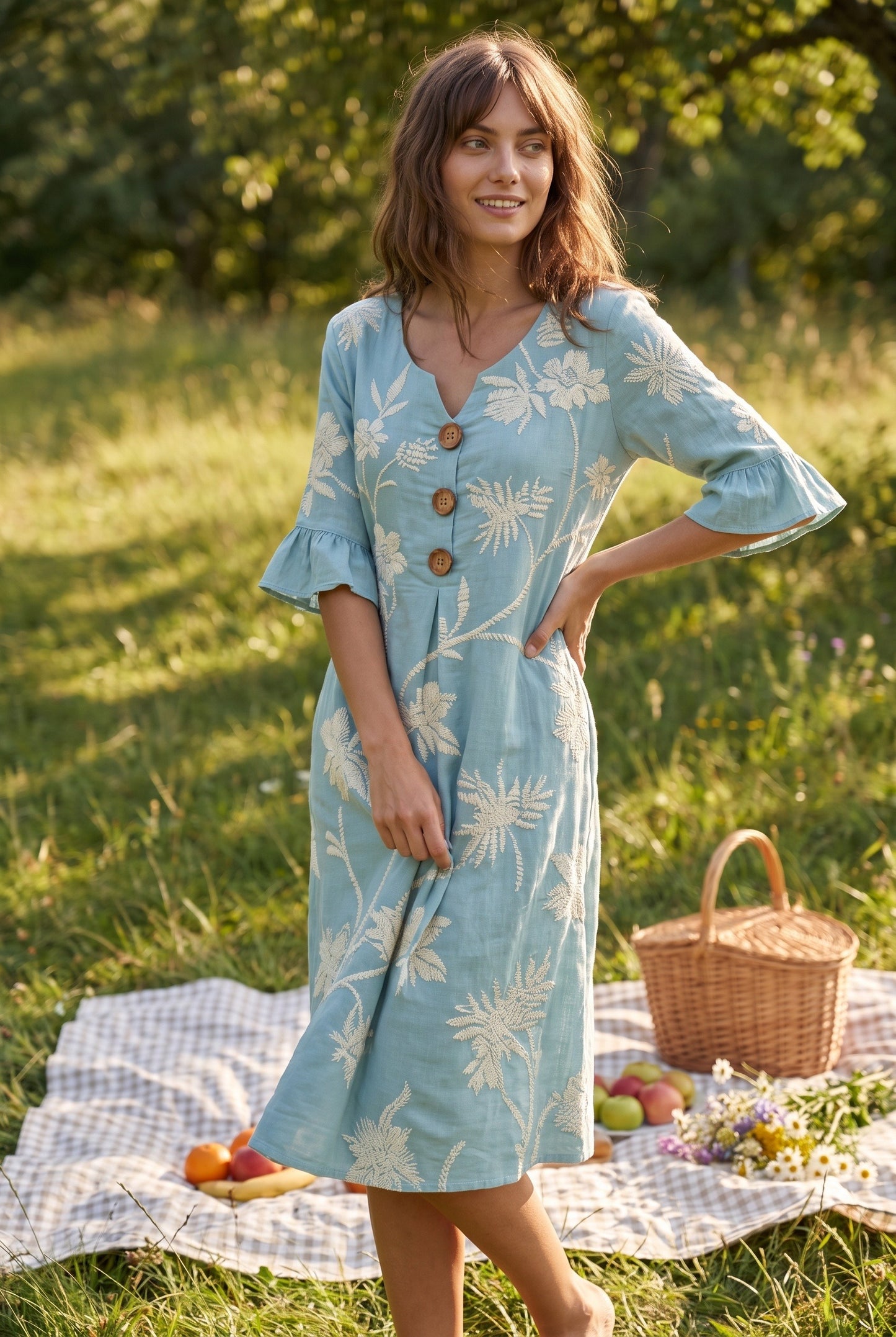 Javotte Dames Midi Jurk | Geborduurd Bloemenpatroon | Ruches Mouwen