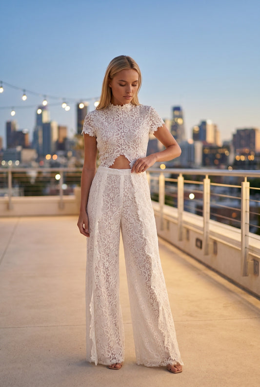 Evette Women's Ivory Jumpsuit | Lace Overlay | Wide Legs