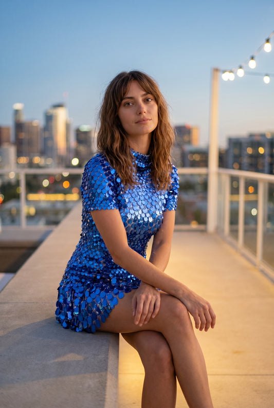 Women's Dress | Cobalt Blue Sequins | Short Sleeves and Pleated Skirt