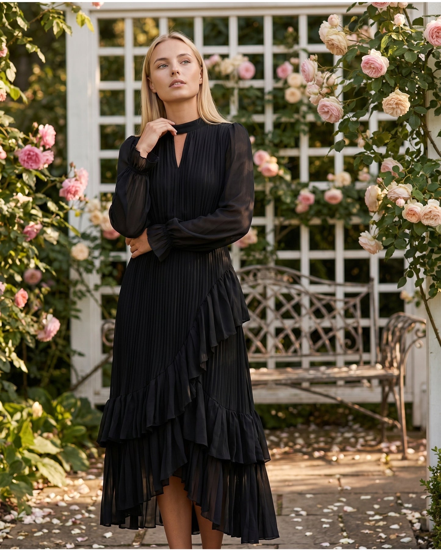 Mannette Women's Maxi Dress | Pleated Ruffles | Keyhole Neckline