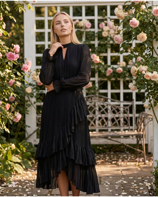 Mannette Women's Maxi Dress | Pleated Ruffles | Keyhole Neckline