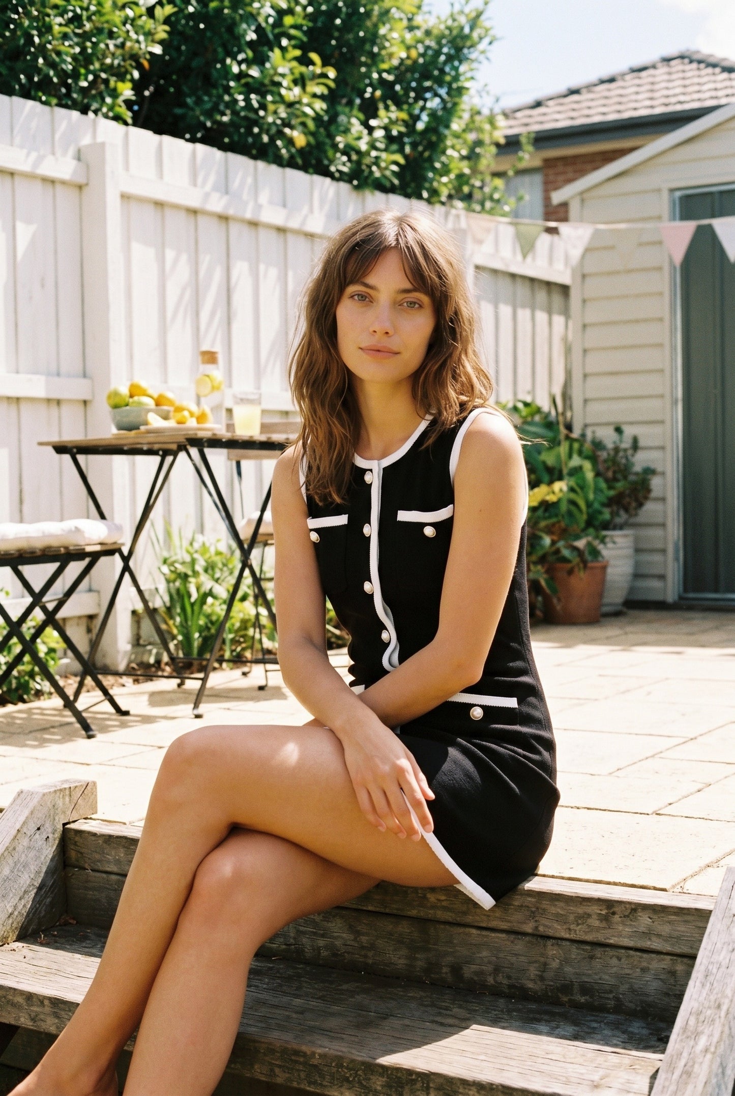Women's Midi Dress | Black White Contrast | Silver Button Decoration