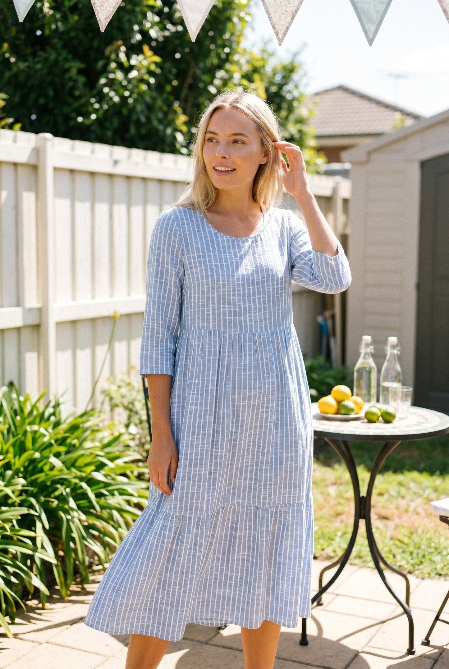 Dames Midi Jurk | Streepjesprint | Driekwart Mouwen