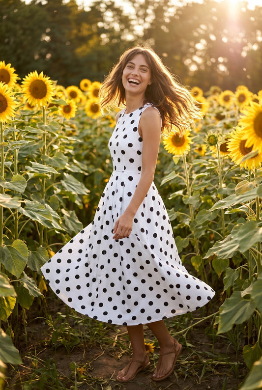 Humbertine Dames Midi Jurk | Polkadot Print | Wijd Uitlopende Rok