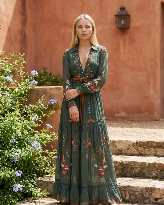 Marie Dames Maxi Dress | Embroidered Flowers | Sheer Sleeves