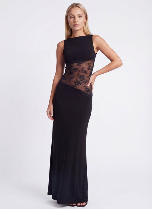 Noelia Lange Jurk | Elegante Maxi Jurk met Open Rug en Kanten Details