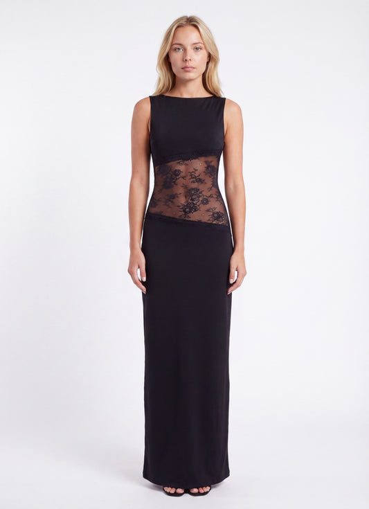 Noelia Lange Jurk | Elegante Maxi Jurk met Open Rug en Kanten Details