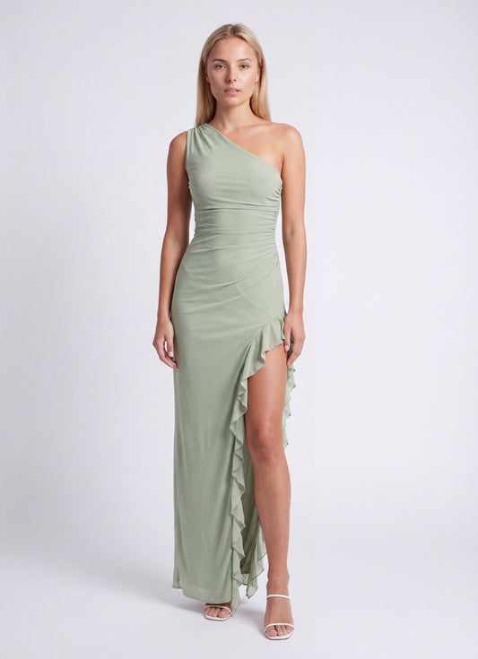 Dames Maxi Jurk One-Shoulder | Saliegroen Met Ruches Detail | Asymmetrische Aansluitende Fit