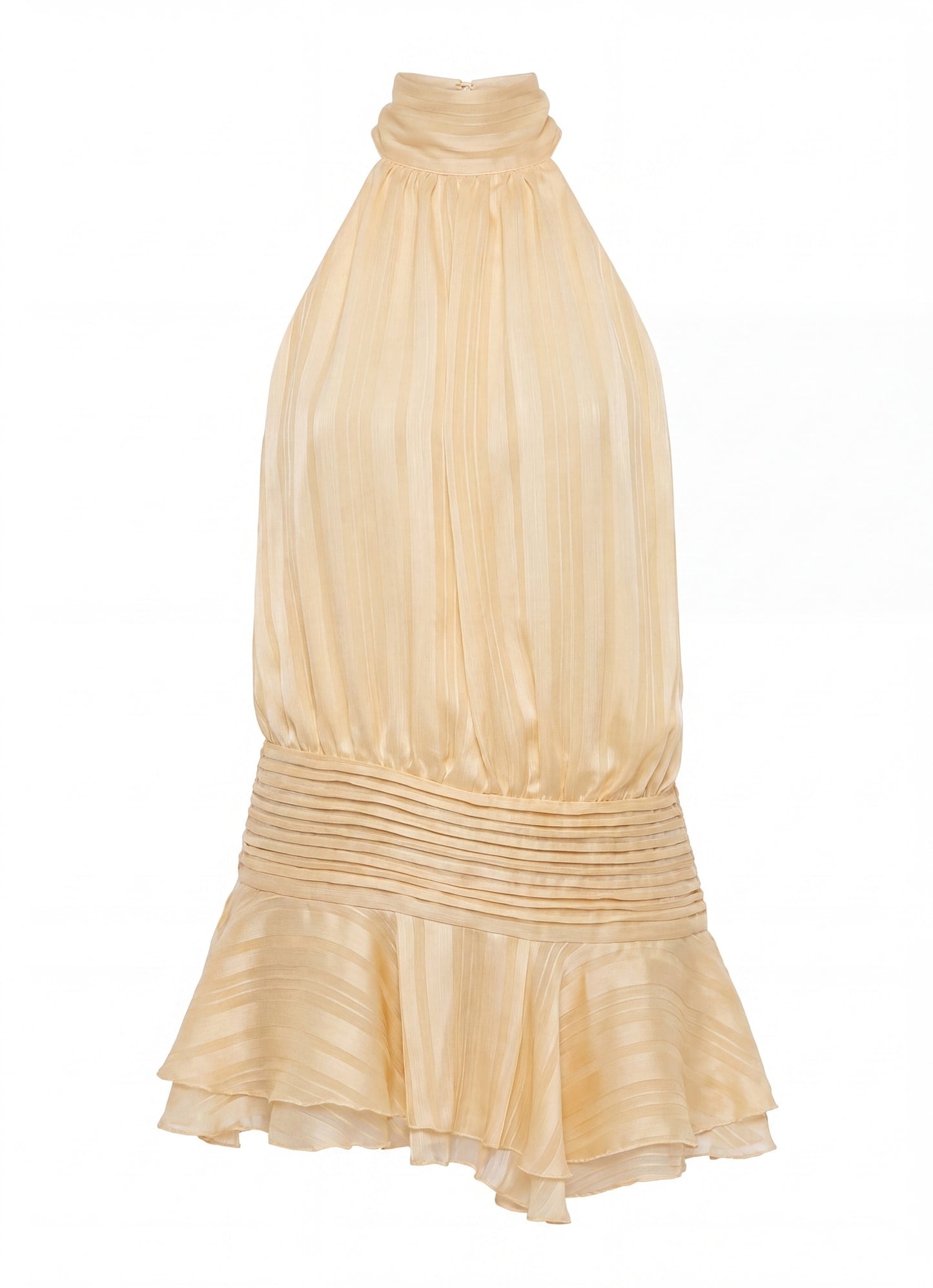 Isadora Dames Halter Mini Jurk | Hoge Hals | Geplisseerde Rok met Ruffle | Open Rug met Strikband