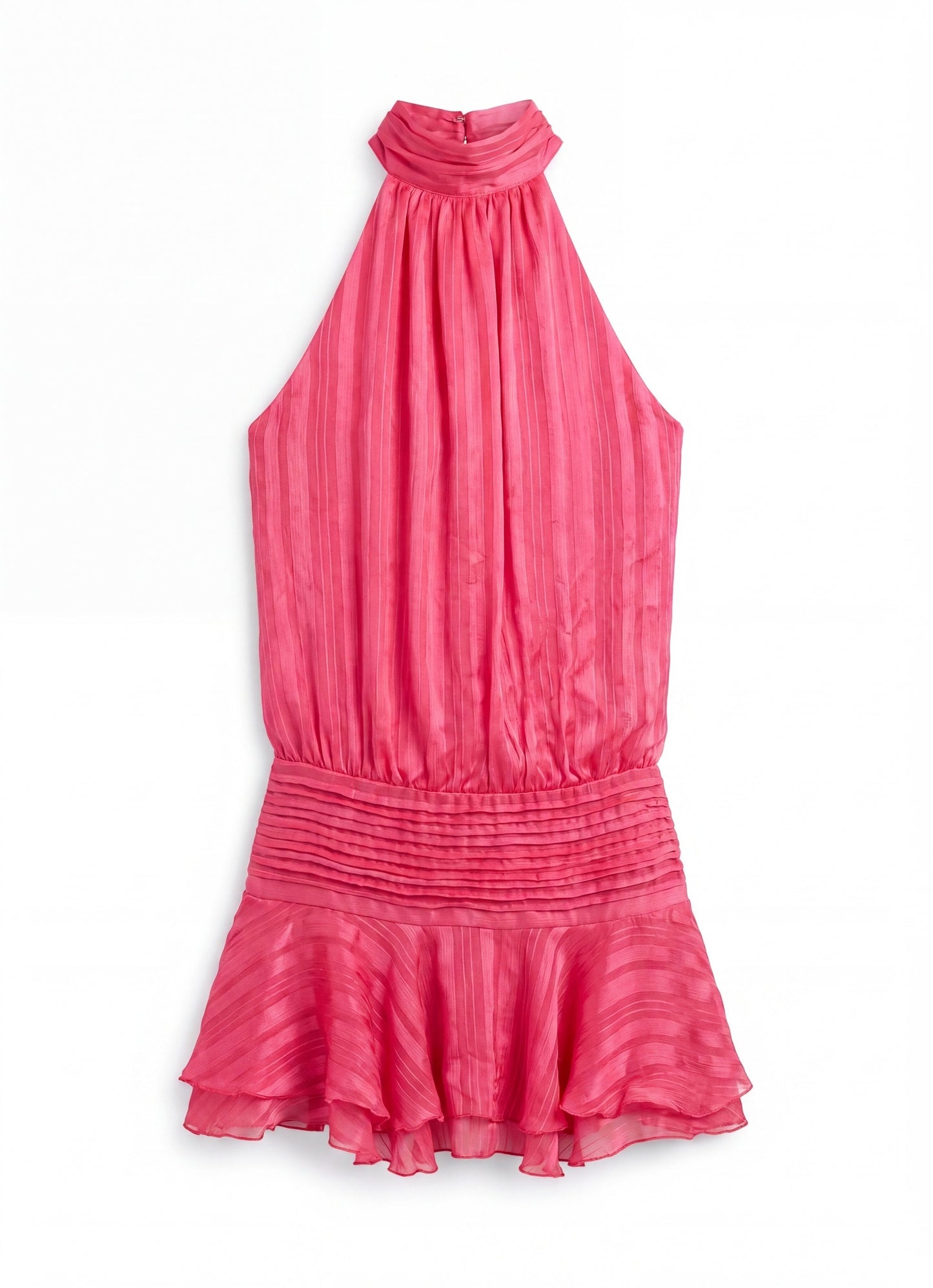 Isadora Dames Halter Mini Jurk | Hoge Hals | Geplisseerde Rok met Ruffle | Open Rug met Strikband