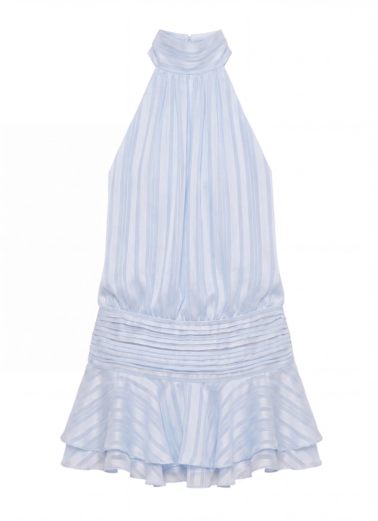Isadora Dames Halter Mini Jurk | Hoge Hals | Geplisseerde Rok met Ruffle | Open Rug met Strikband