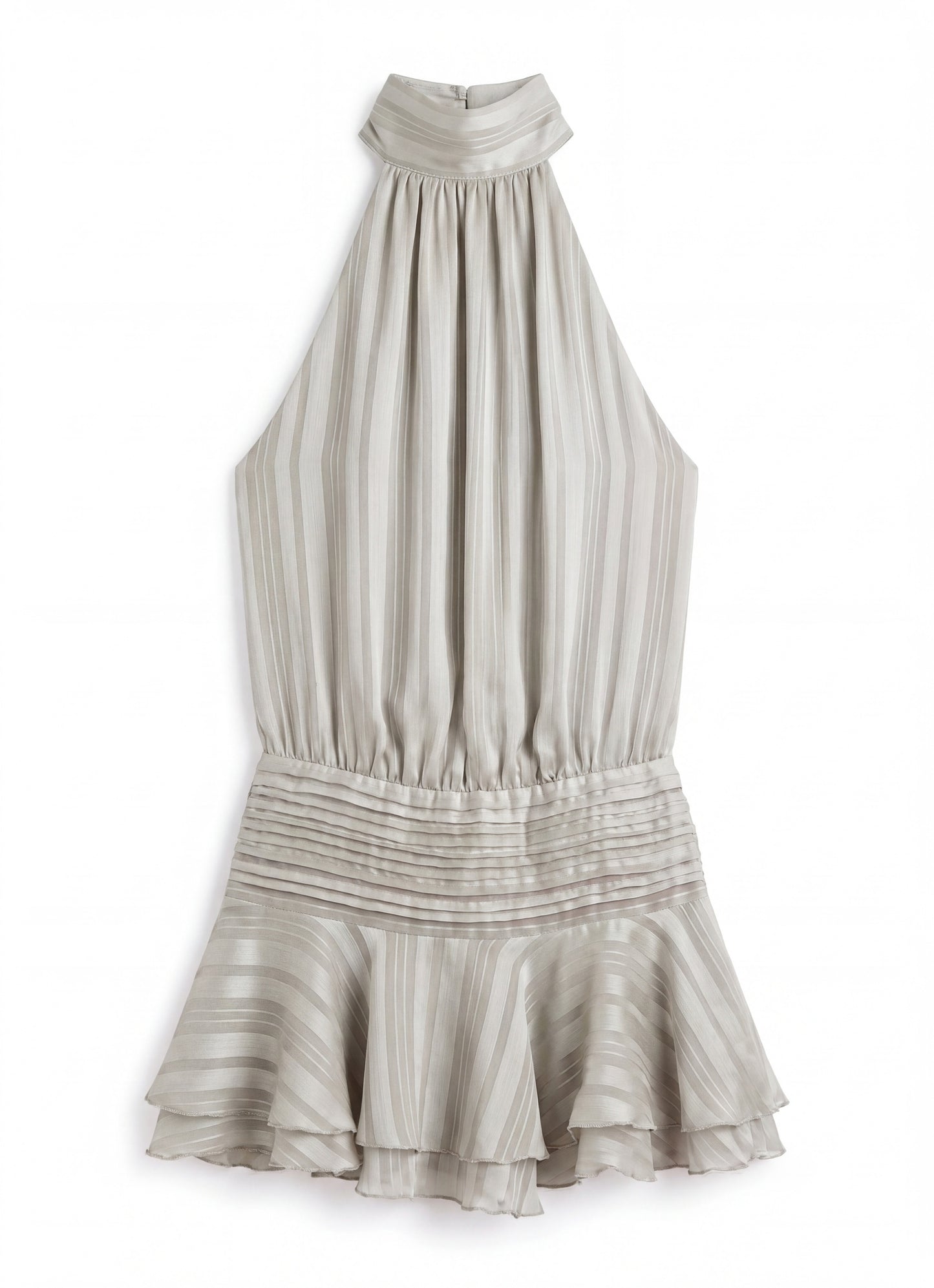 Isadora Dames Halter Mini Jurk | Hoge Hals | Geplisseerde Rok met Ruffle | Open Rug met Strikband