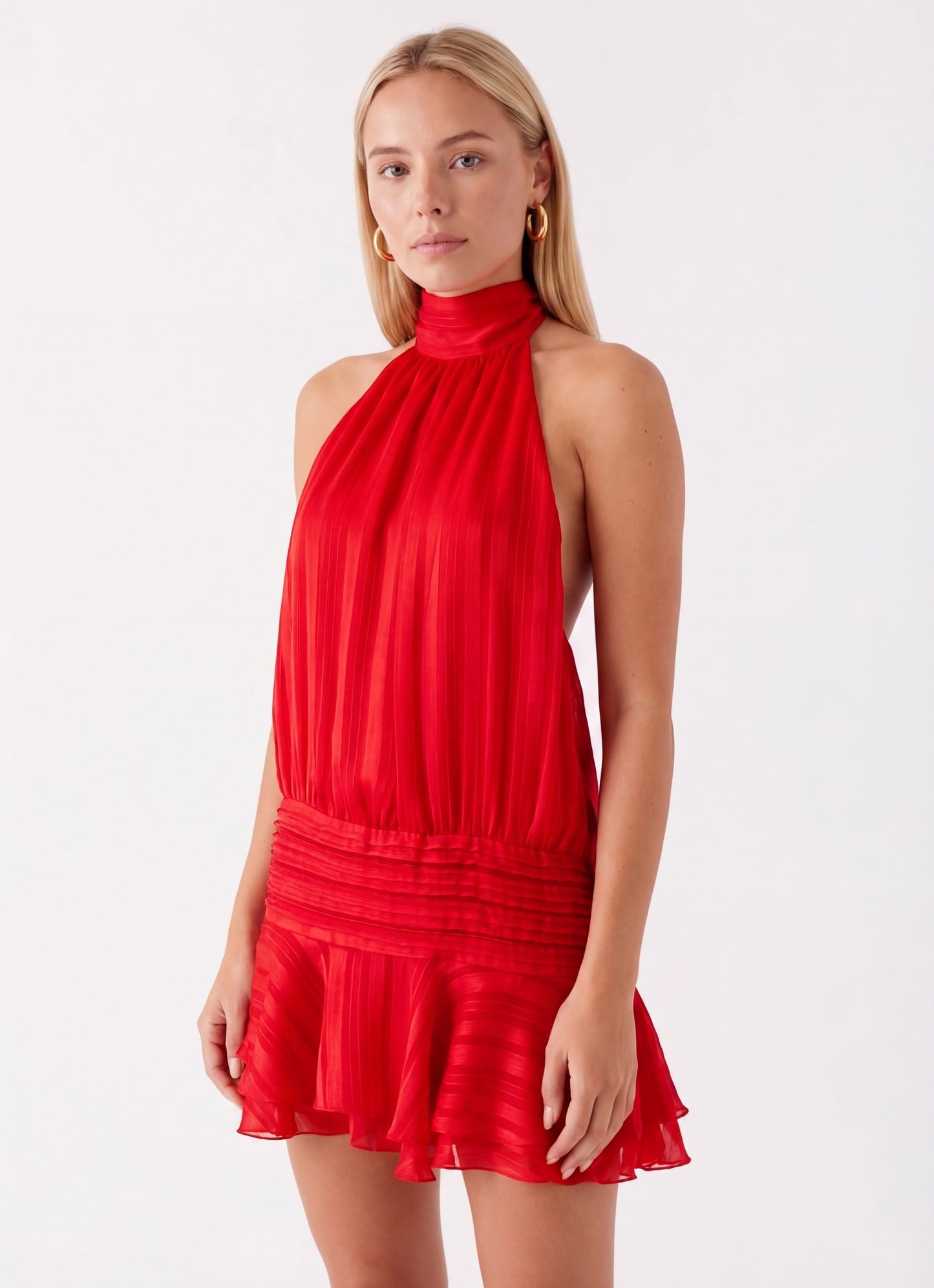 Isadora Dames Halter Mini Jurk | Hoge Hals | Geplisseerde Rok met Ruffle | Open Rug met Strikband