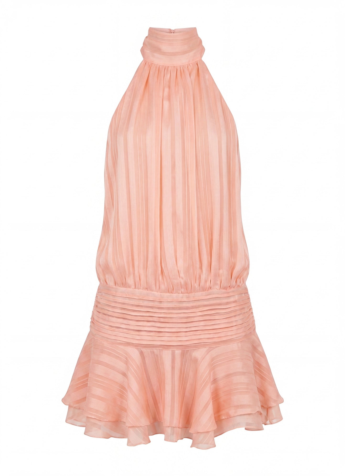 Isadora Dames Halter Mini Jurk | Hoge Hals | Geplisseerde Rok met Ruffle | Open Rug met Strikband