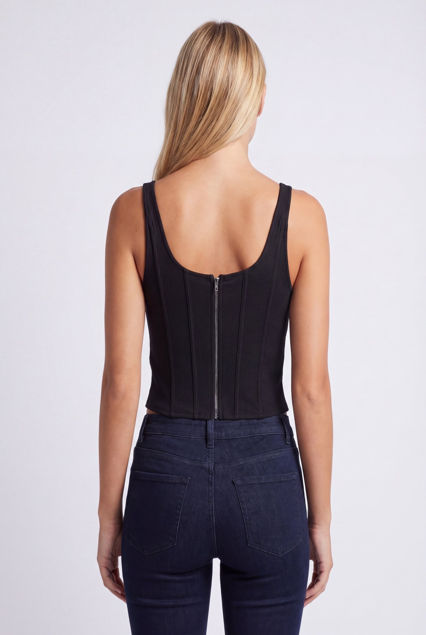 Damienne Women's Corset Top | Sleeveless | Black | Deep Cut Neckline with Boning Stitching