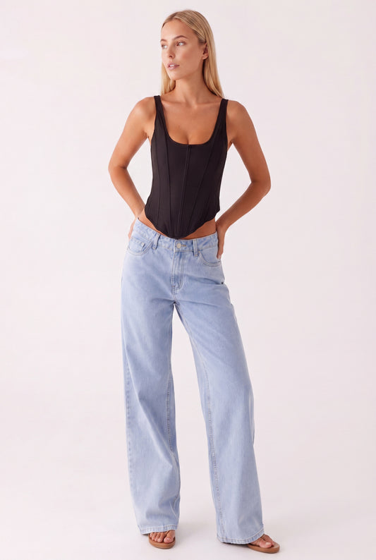 Dames Corset Top | Mouwloos | Zwart | Diep Uitgesneden Halslijn met Baleinen Stiksels