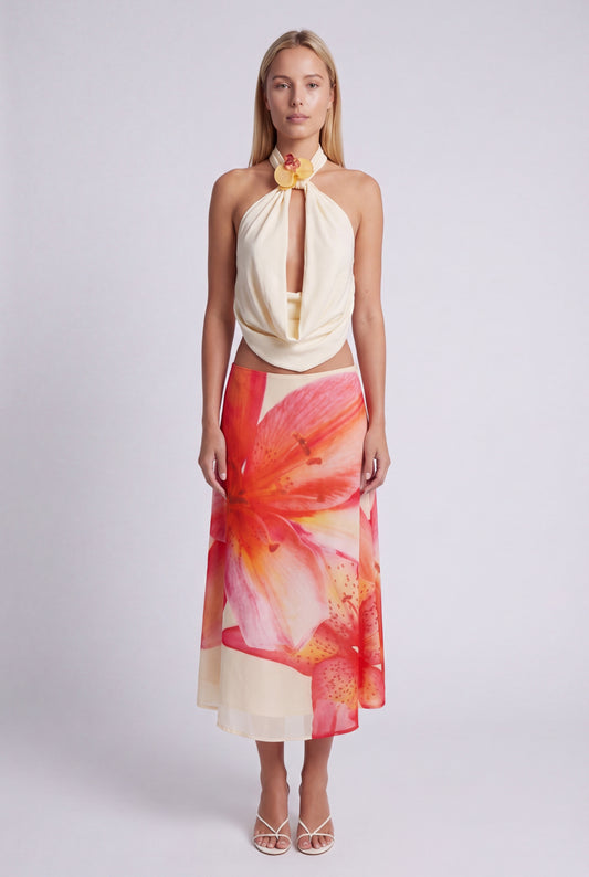 Dames Halter Crop Top | Gedrapeerd | Keyhole Hals | Bloem Corsage Detail | Mouwloos