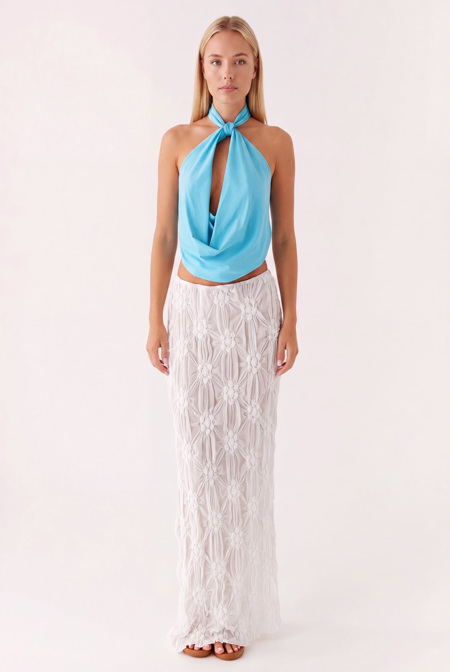 Ernestine Women's Halter Crop Top | Draped | Keyhole Neck | Flower Corsage Detail | Sleeveless